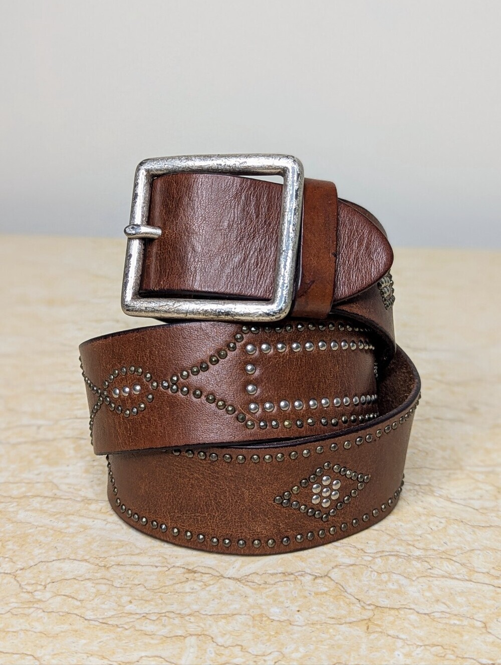 Vintage Express Italian Brown Leather Silver Studded Belt Women's Med
